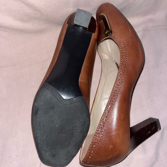 Franco Sarto Brown High Heel Pumps with Gold Buckle Accent - Picture 4 of 9